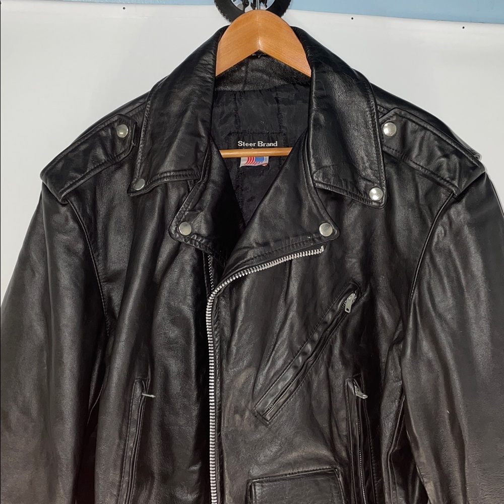 VINTAGE STEER BRAND GENUINE LEATHER MOTORCYCLE JACKET FTL-01-065 - Picture 2 of 10